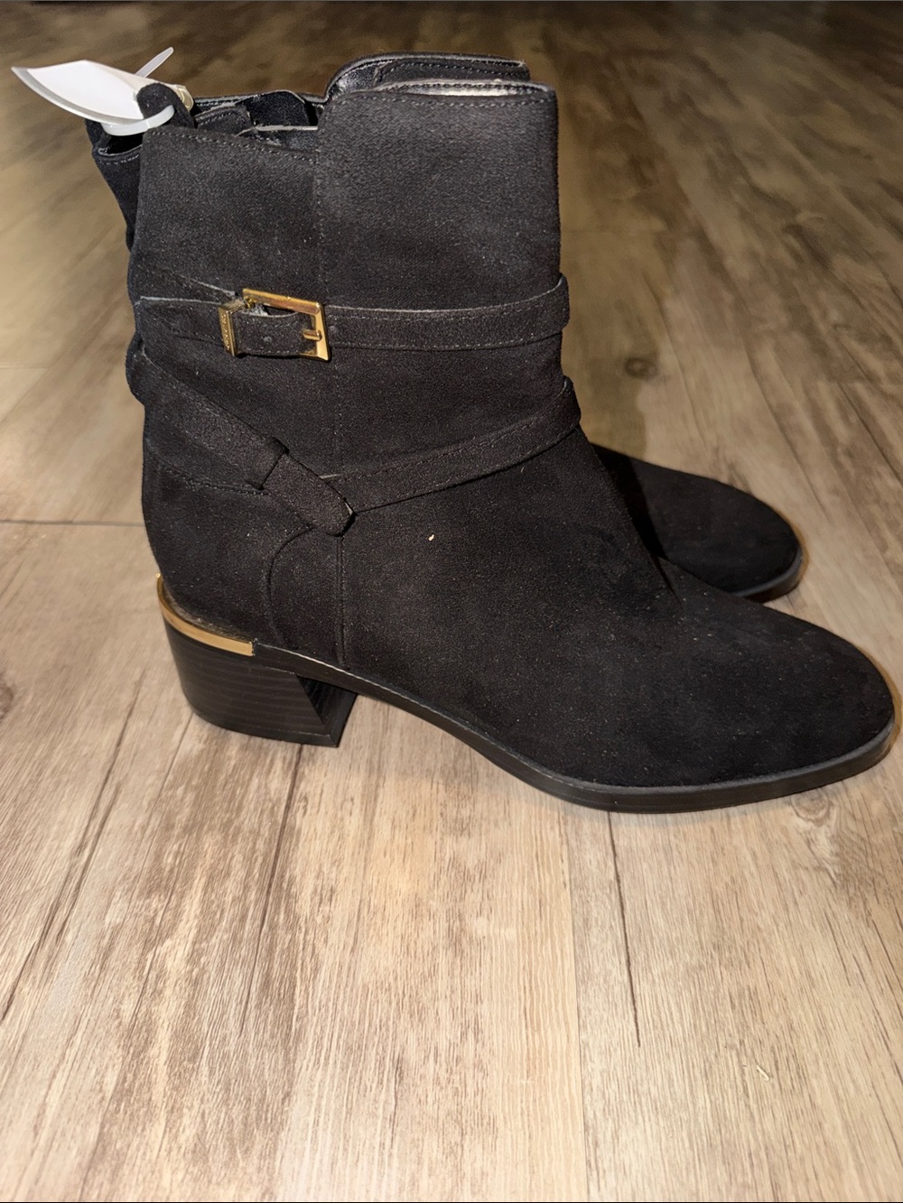Black Suede Ankle Booties with Gold Buckle Detail